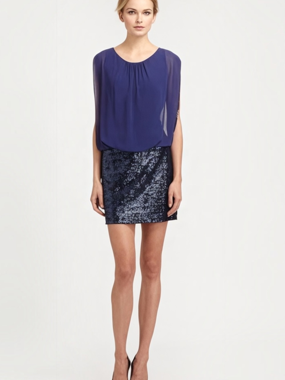 AIDEN MATTOX Navy Blue Blouson Flowy Sequin Open Back Cocktail Dress Sz 4